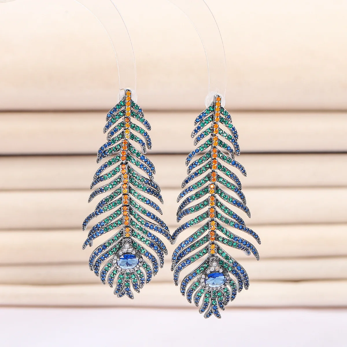 Bilincolor Zircon Peacock Feather Tassel Earrings For Women