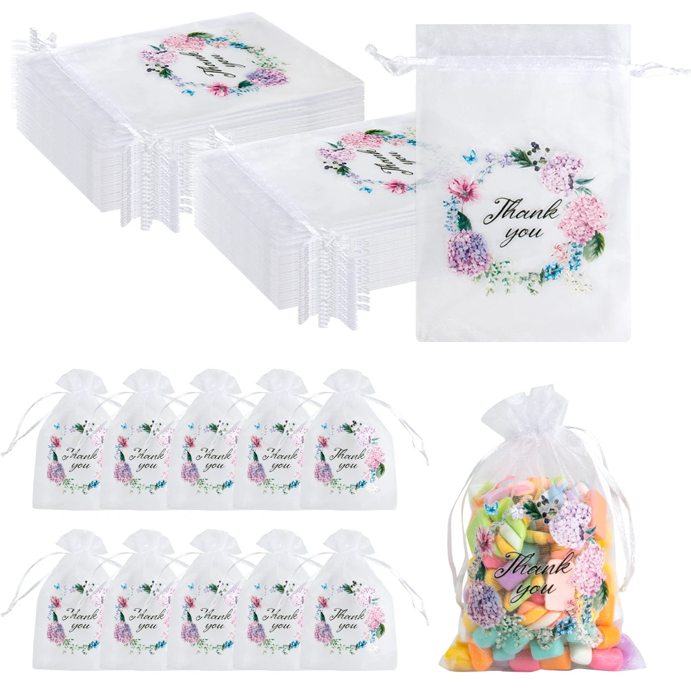 20pcs Thank You Organza Gift Bag Floral Pattern Drawstring Pouches Packaging Bags for Wedding Gift Storage Baby Shower Supplies
