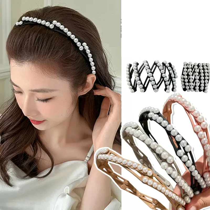 Elegant Pearl Convenient Foldable Plastic Hairband For Women Girl Travel Stretchable Headband Hair Band Novelty Hair Accessories