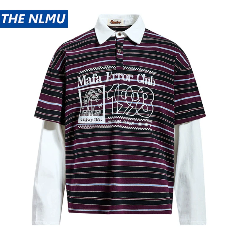 2026 Spring Fake Two-Piece Long Sleeve Polo Shirt Letter Printed Striped Polo Streetwear Unisex T-shirt Oversized Tops