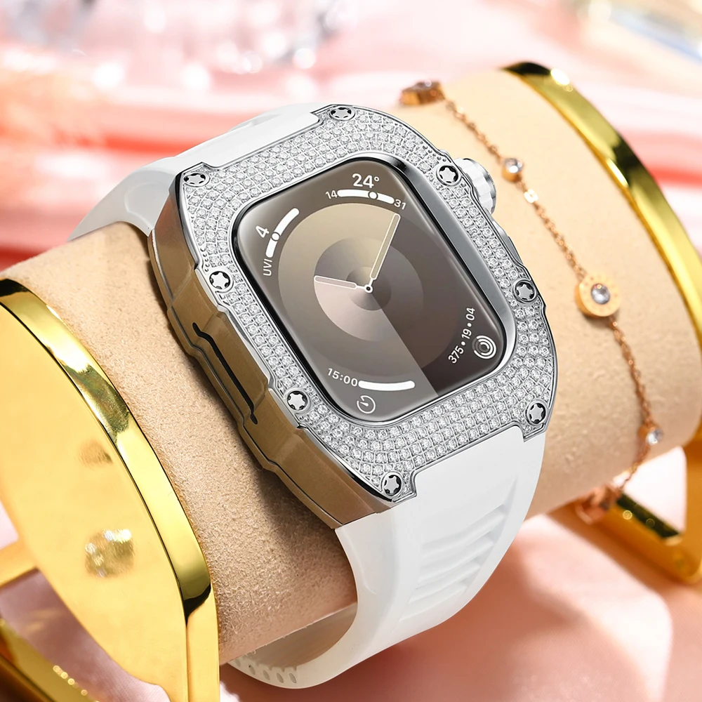 Mod Kit for Apple Watch s9 8 7 41mm Luxury Titanium Diamond Inlaid Accessories Apply to  s6/5/4 SE 40mm Case and White band