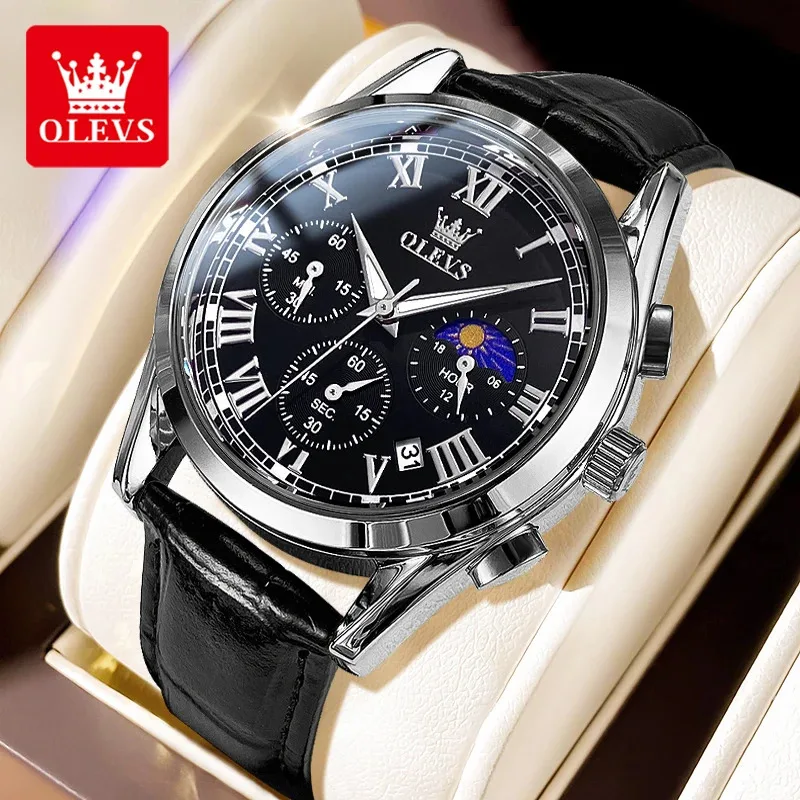 

OLEVS 2871 Мужские часы с коробкой, модный кожаный ремешок, классические хронограмы, 24 часа, водонепроницаемые кварцевые часы с фазой Луны, мужские