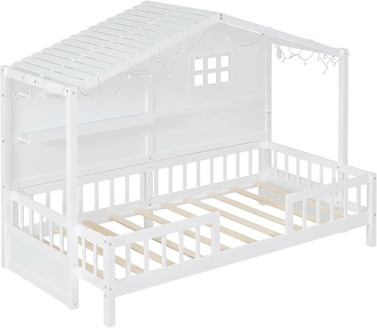 반밀폐형 울타리 및 선반이 있는 트윈 사이즈 하우스 침대, 목재 하우스 침대 프레임, 지붕에 창 및 반짝이는 조명 스트립