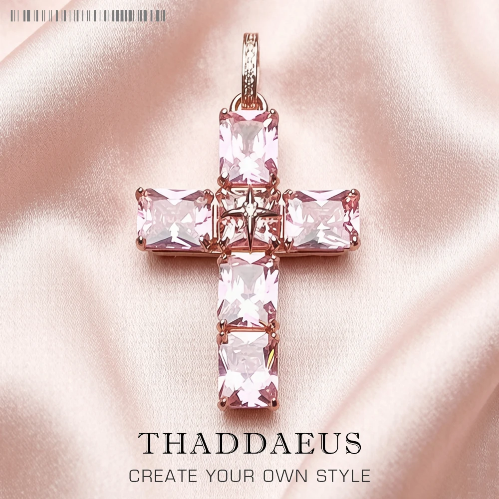 Anhänger Rose Farbe Stein Kreuz Marke Mode Trendy Schmuck Europa 925 Sterling Silber Geschenk Für Frau