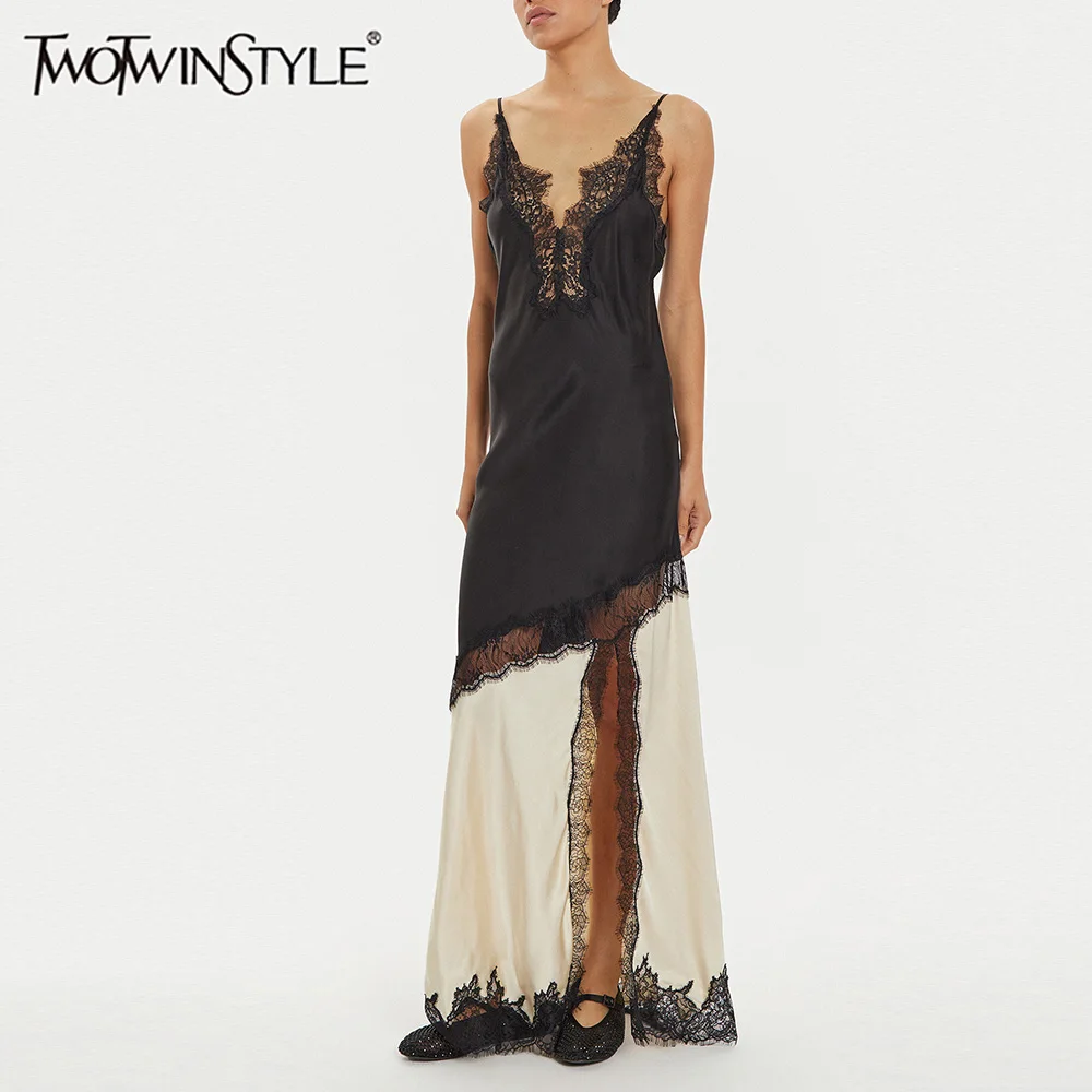 TWOTWINSTYLE Colorblock Slimming Midi Dresses for Women V Neck Sleeveless Patchwork Lace Temperament Dress Female Clothing New