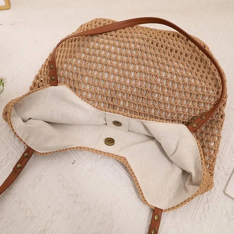 Casual Large Capacity Single Shoulder Cotton Thread Woven Net Pattern Tote Bag Beach Vacation Beach Sand Women's Bags