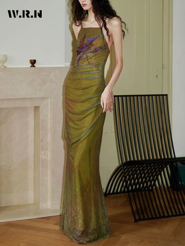 Abito da donna a metà polpaccio con stampa floreale vintage con scollo a barchetta 2025 Abito da sera elegante senza maniche a vita alta con bretelle Hotsweet