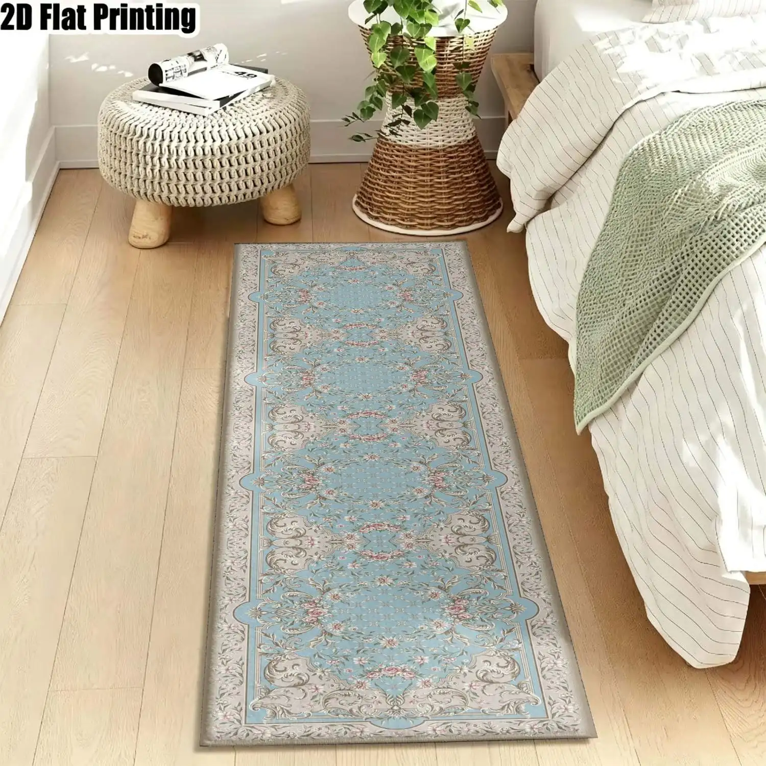1Pc 2D Printed Long Strip Runner Carpets: Blue Floral, European, Bohemian, Geometric Striped, Retro Styles, Home Decor, Multi-Size, Machine Washable, Suitable for Entrance, Hallway, Living Room, Bedroom