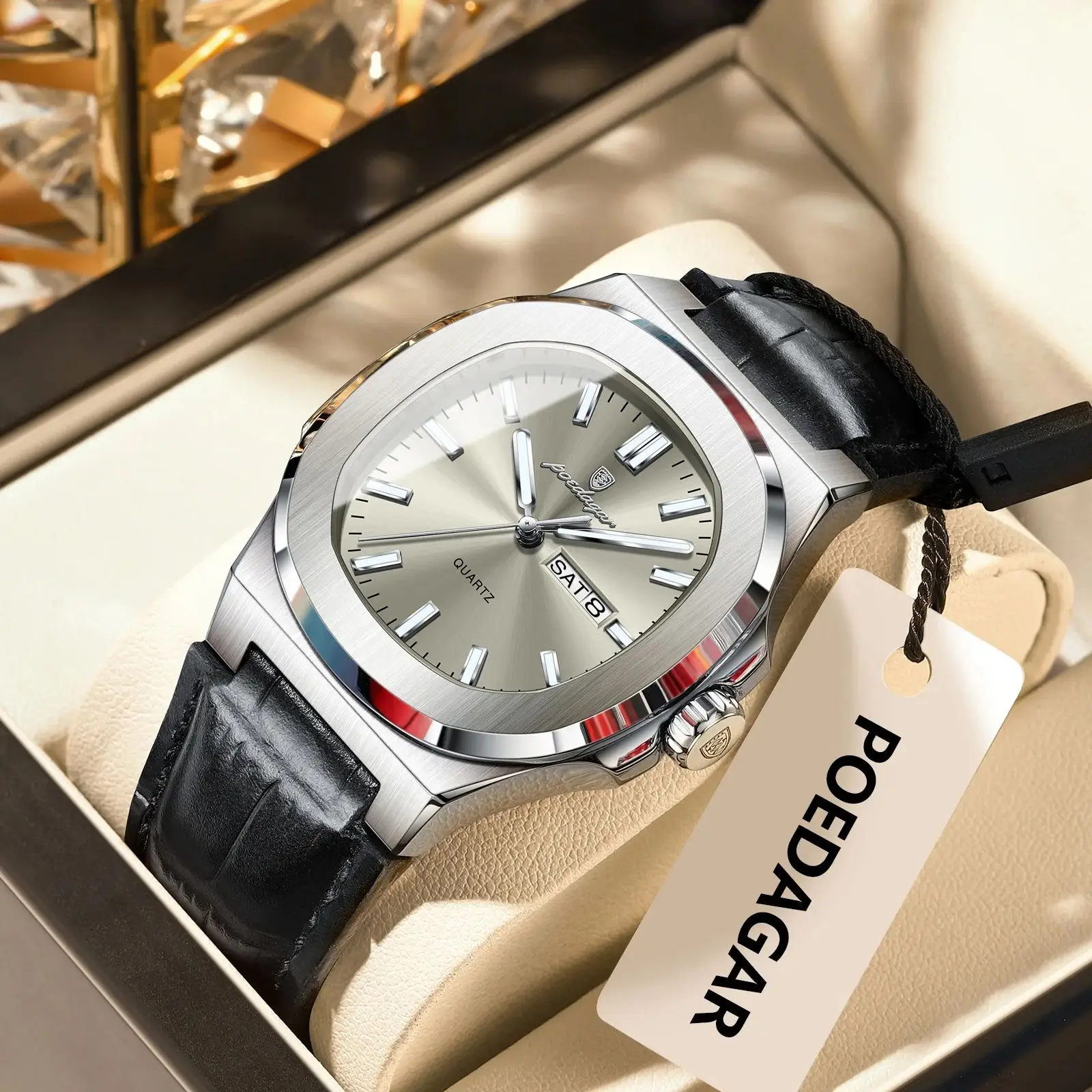 POEDAGAR Fashion Brand Men Watch Luxury Luminous Waterproof Week Date Man Clock Leather Quartz Square Casual Men's Watches Reloj