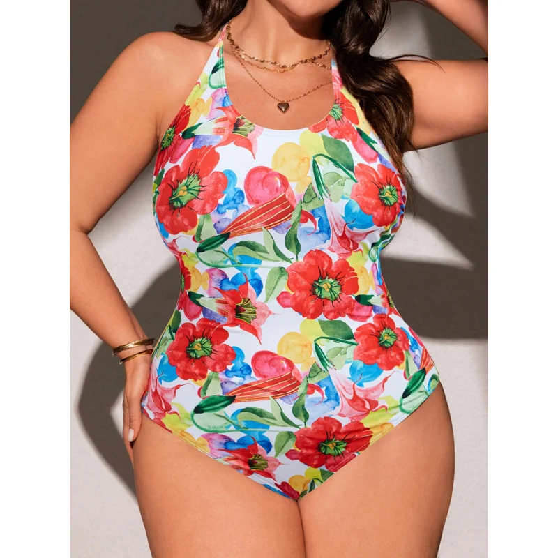 Women's Casual Resort-Style Fashion Floral Print One-Piece Swimsuit with Cross-Straps at the Back and Butt-Lifting Design