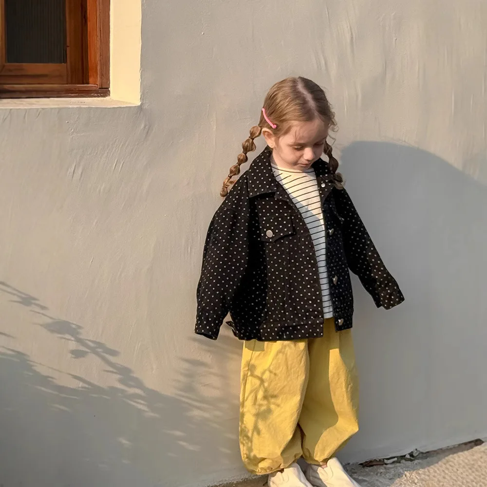 

Autumn 2025 New Children's Polka Dot Jacket Boys' Quality Denim Long Sleeve Jacket