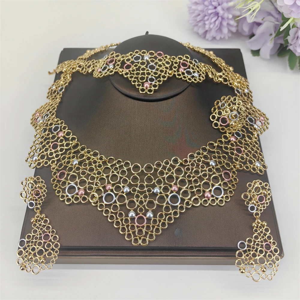 Fashion High Quality Gold Plated Women Jewelry Set Simple Lines Earrings Ring Colored Necklace Bangle For Wedding Party
