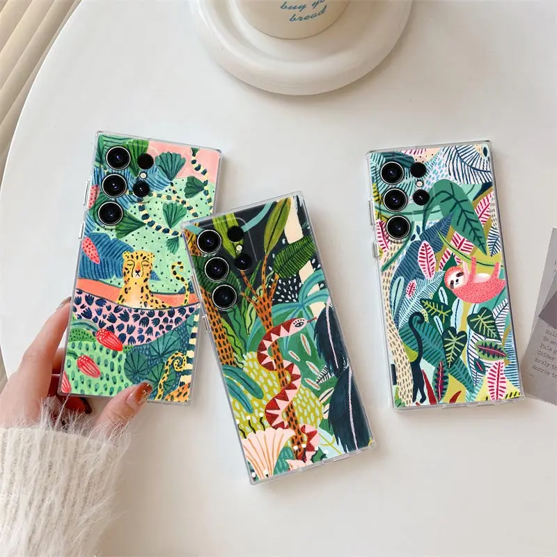 

Tropical Jungle Print Leopard Sloth Rainforest Cat Phone Case For Samsung Galaxy S24 S23 Ultra S22 S20 Plus S21 FE Clear Fundas