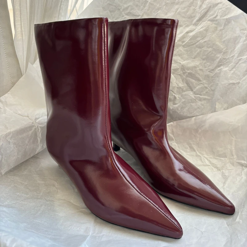 Frauen 2024 Hohe Stiefel Mädchen Mode Leder Spitz Breite Lose Schuhe Kitten Heels Pumps Moderne Boot Luxus Wein Rot Sexy