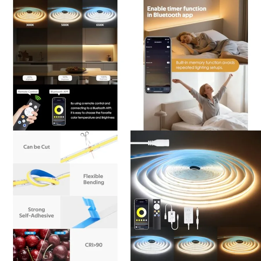 

24V CCT COB LED Strip Light for Bedroom Tunable White 3000-6500K 32.8ft/ Bluetooth App Control Led Tape Lights with Remote Self