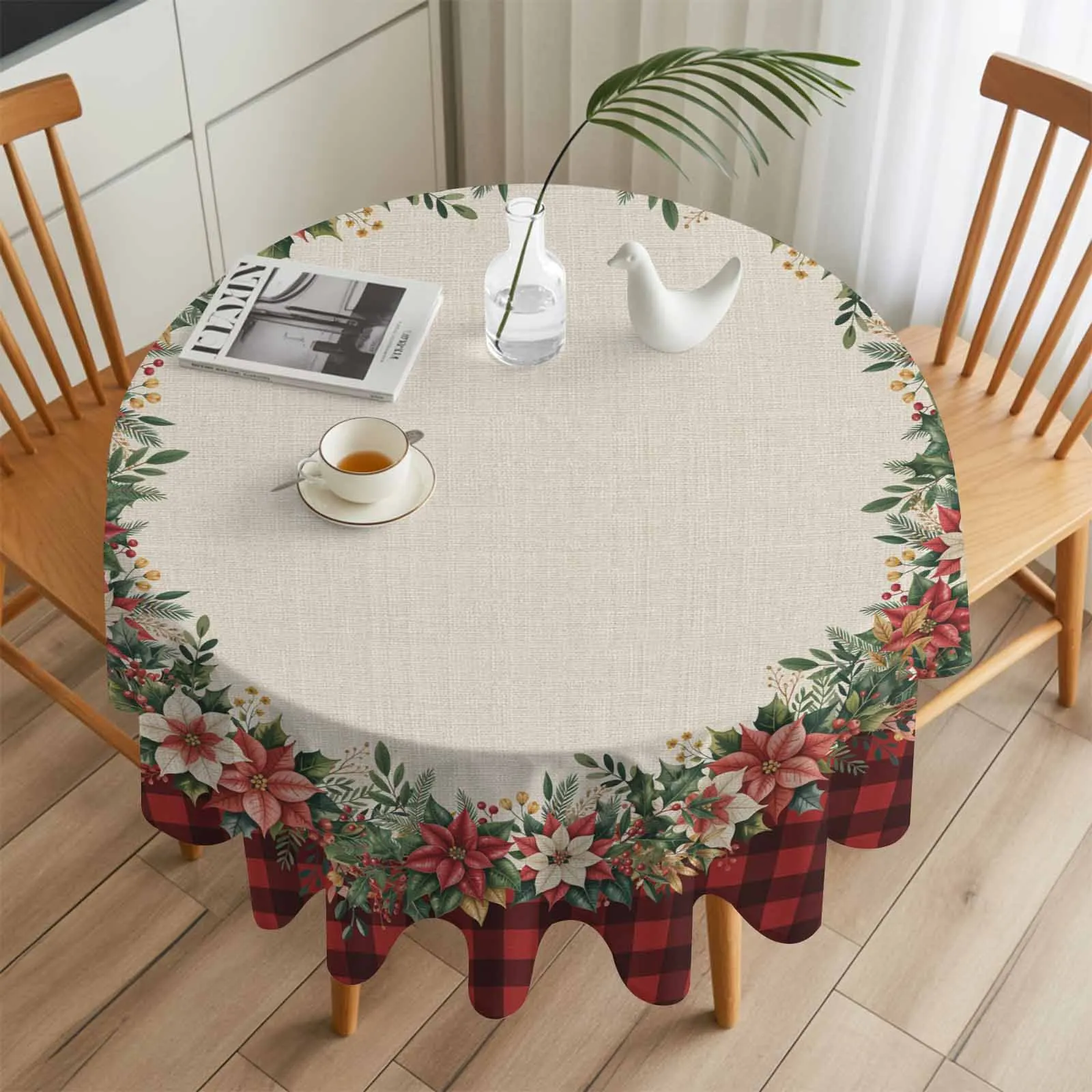 

Winter Holly Leaf Berry Plaid Round Table Cloth Festival Dining Tablecloth Waterproof Table Cover for Wedding Party Decor
