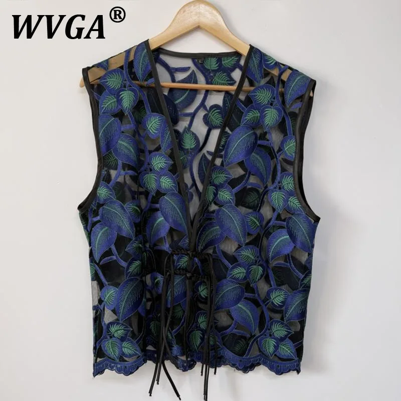 

WVGA Summer New Man Tide Heavy Embroidery Mesh Layered Vest Niche Chic Casual Button Pearl One-character Buckle Tank Tops W8607