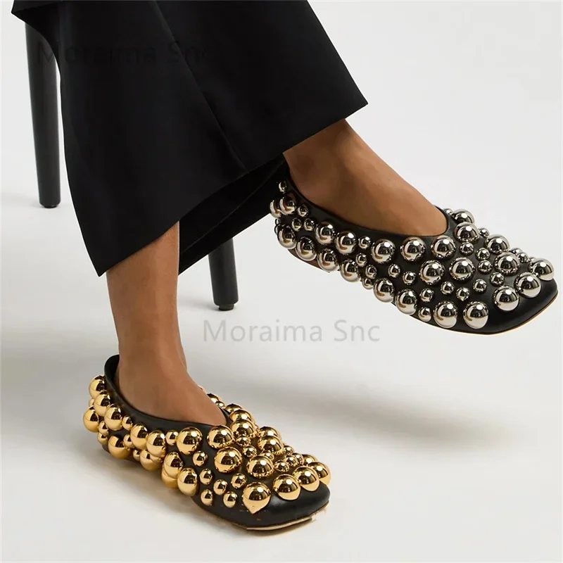 Metallic Bubble Beads Ballet Flats Women Black Leather Slip On Soft Designer Style Customize Square Toe Women Casual Shoes