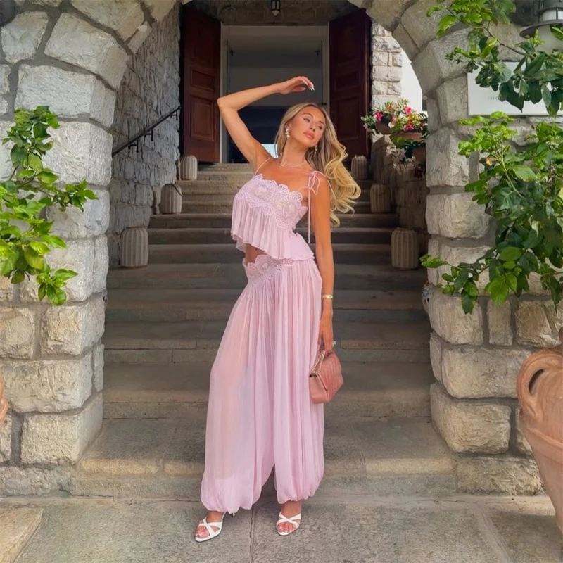 

Women Floral Lace Sheer Layers Skirt Set Suspenders Ruffle Top High Waist Maxi Skirts 2026 Summer Beach Vacation Female Outfits