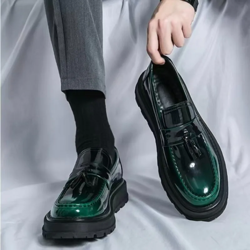 

Trend Designer New Black Green Height Increasing Leather Casual Shoes for Men Platform Loafter Formal Wedding Dress Homecoming