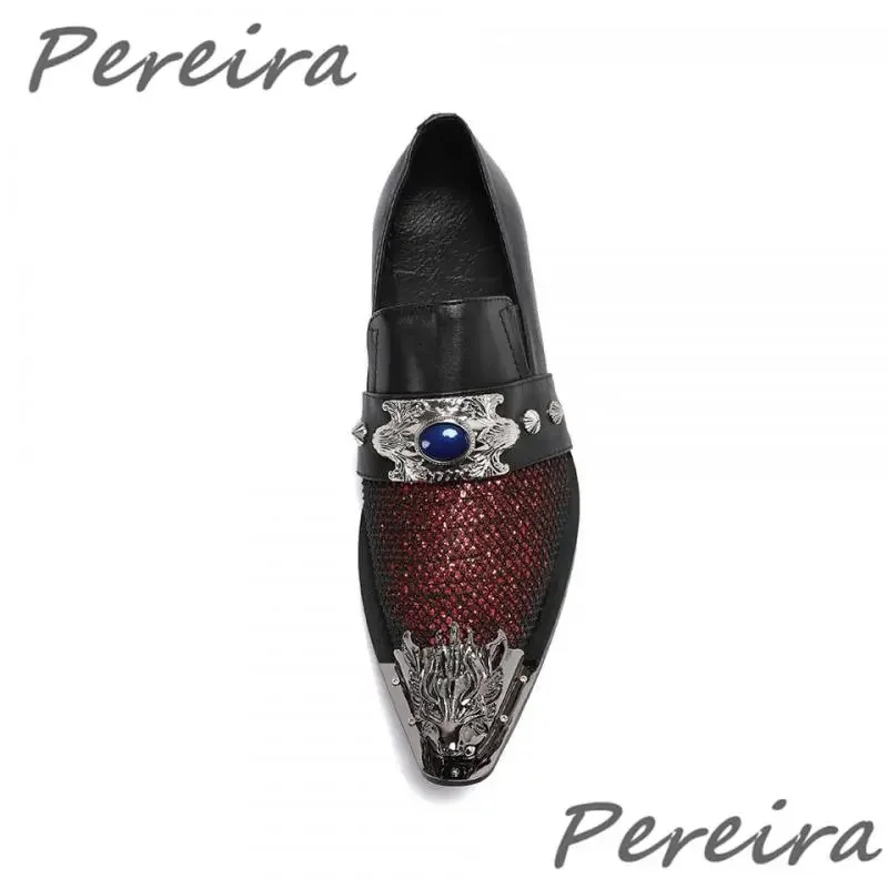 

Mesh Patchwork Rivets Strap Men's Shoes Metal Pointed Toe Cowhide Business Dress Shoes Luxury Banquet Party Formal Shoes
