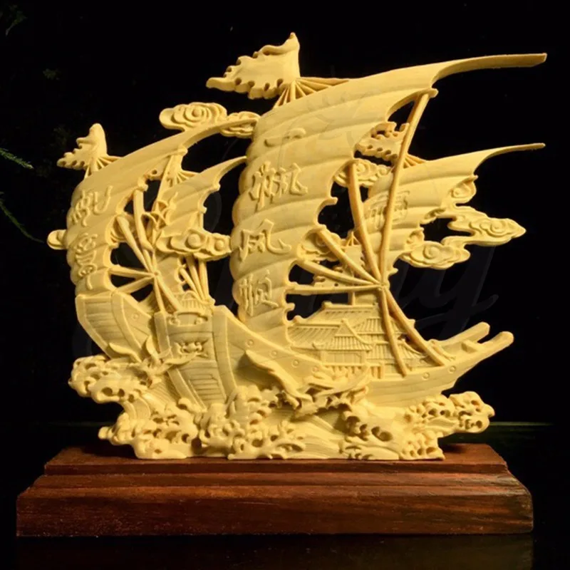 

Yellow Poplar Wood Carving Smooth Sailing Sailboat Ornament Solid Wood Living Room Dragon Boat Decoration Opening Gift