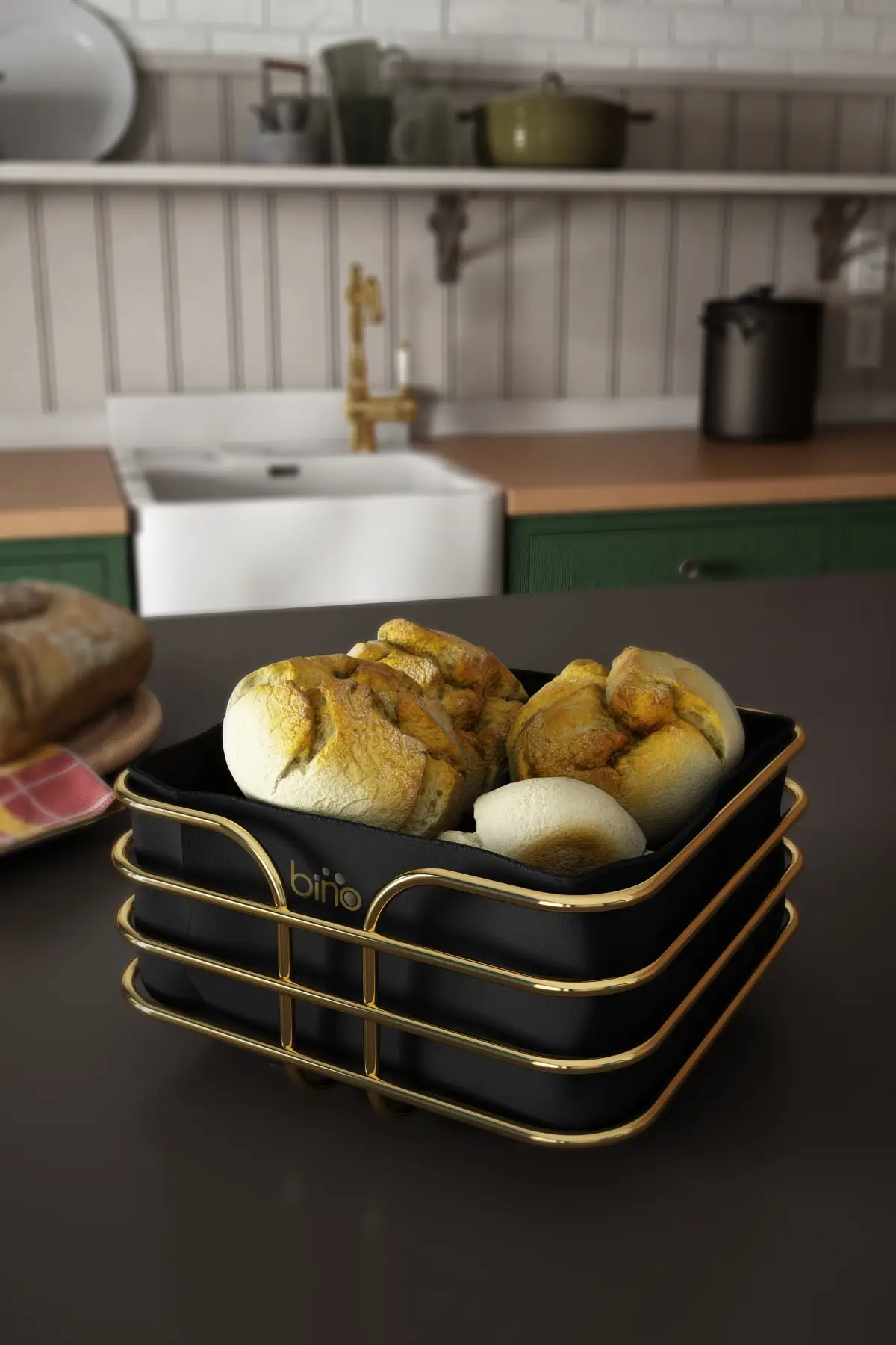 Breadstuff Organizer Bread Basket Multi-Purpose Metal Basket Lux Gold Stainless Basket Black-White Fabric