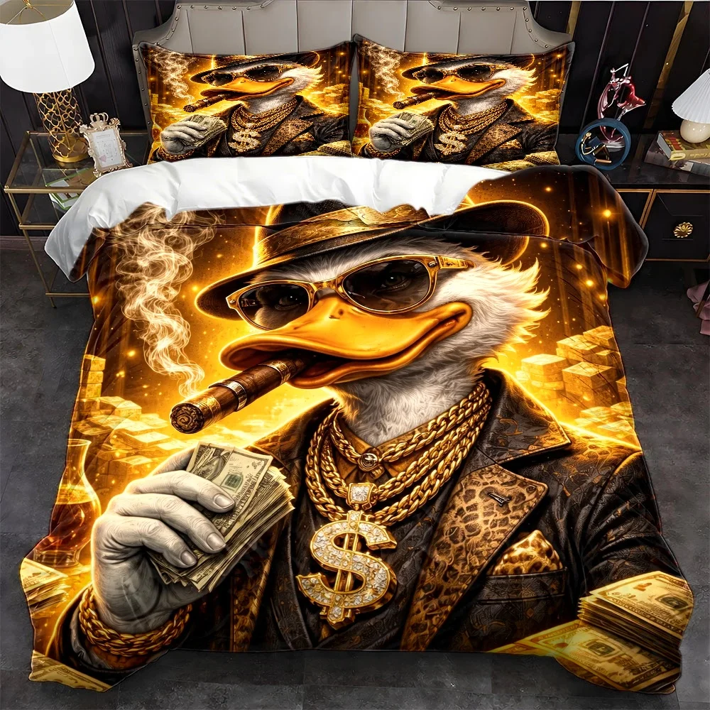 3Pc Luxurious Wealthy Duck Theme Duvet Cover Set, Three-Piece Bedding Set (1*Duvet Cover + 2*Pillowcases), Suitable for All Seasons, Machine Washable, Invisible Zipper Design, Large Personal Bedspread Set, Suitable for Home, Dormitory, Master Bedroom, Guest Room, Trendy Money Leopard Print Elements, Personalized Cigar Dollar Bill Duck Print, Comfortable and Skin-Friendly Bedding, 2D Flat Print Bedroom Bedding Set