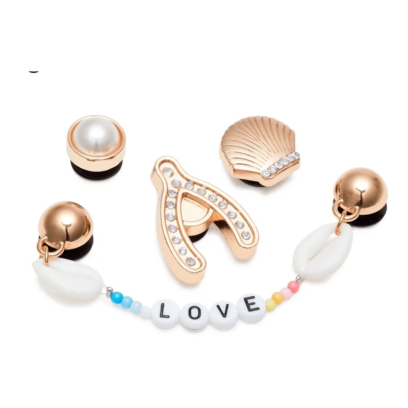 Metal Shoe Charms - Festival Elevated 5-Pack with Pearl, Shell, and Button Designs, Fashion Decorations for Cross Shoes