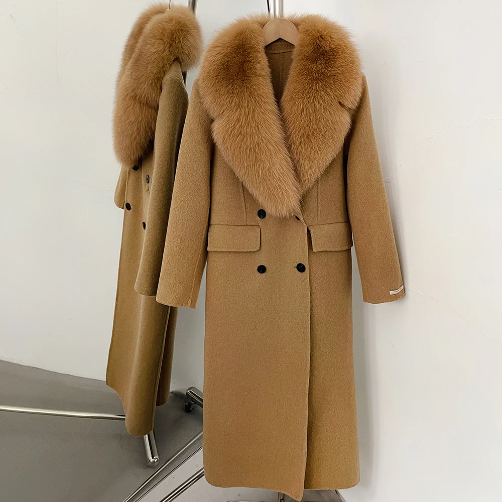 Women's Old Money Style Wool Coat Classic Large Natural Fur Coat Silhouette Thermal Insulated Luxury Street Style Daily Wear