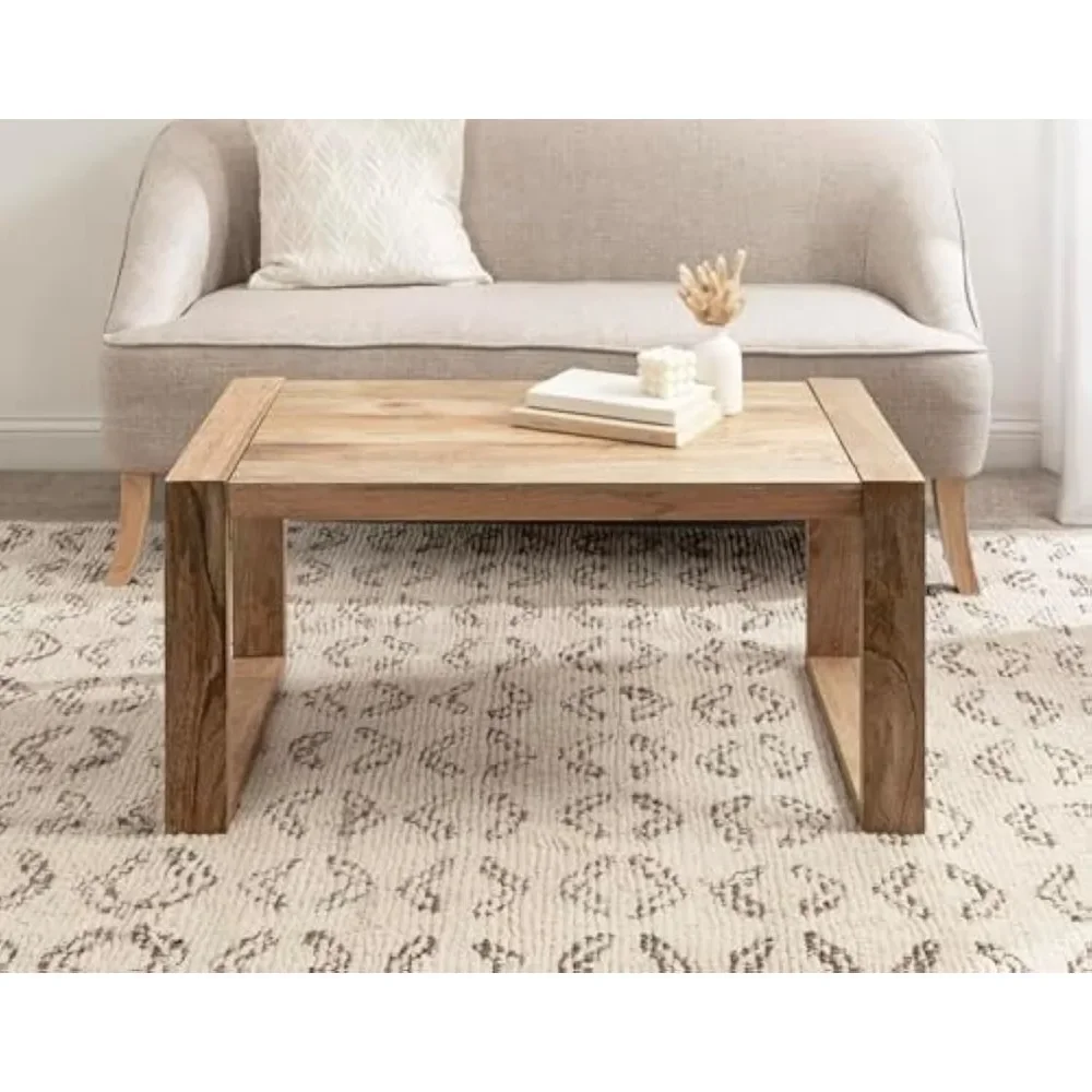 Mesa de centro rectangular geométrica con diseño de madera de Mango macizo grueso y parte superior de losa de madera, mesa auxiliar Natural, 36x20x18