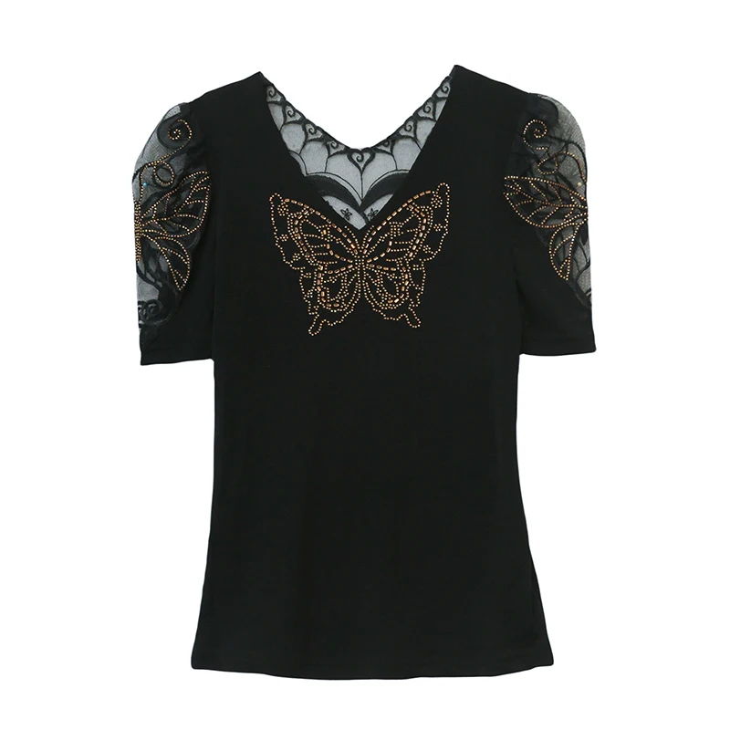 

2025,New,Summer,Clothes,T-Shirt,Fashion,Sexy,V-Neck,Shiny,Diamonds,Butterfly,Spliced,Mesh,Women,Tops,Short Sleeve,Hot,Tees,55065