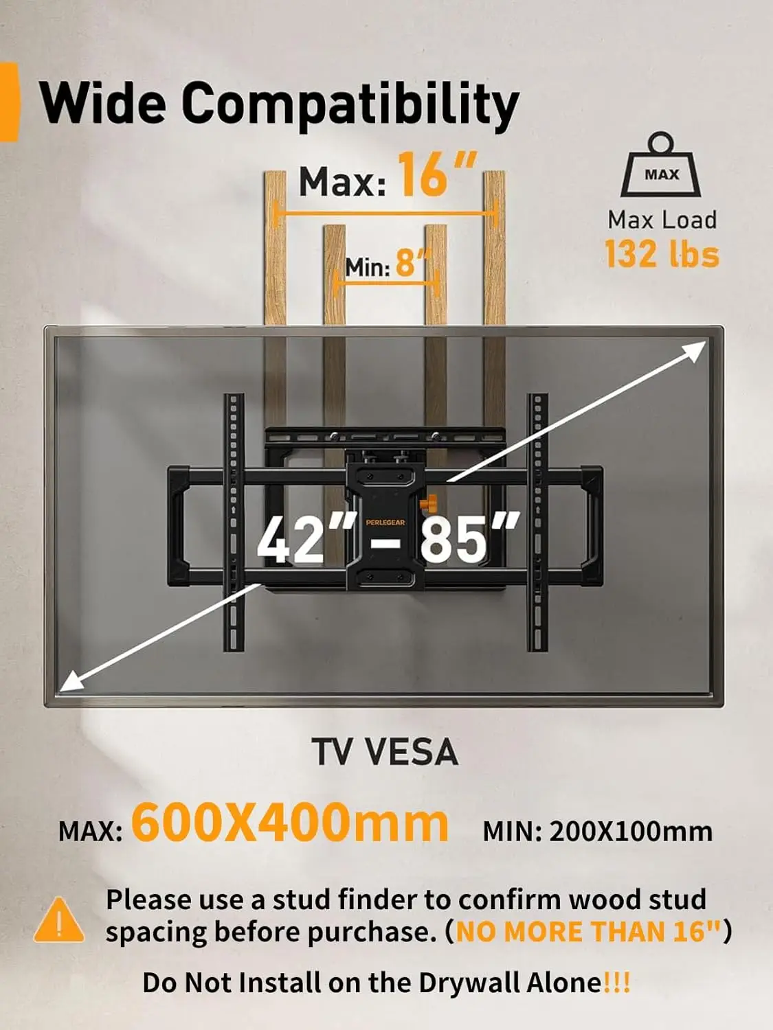 

UL Listed Full Motion TV Wall Mount for 42-85 inch TVs up to 132 lbs, TV Mount, Max VESA 600x400mm, 16" Studs, PGLF8