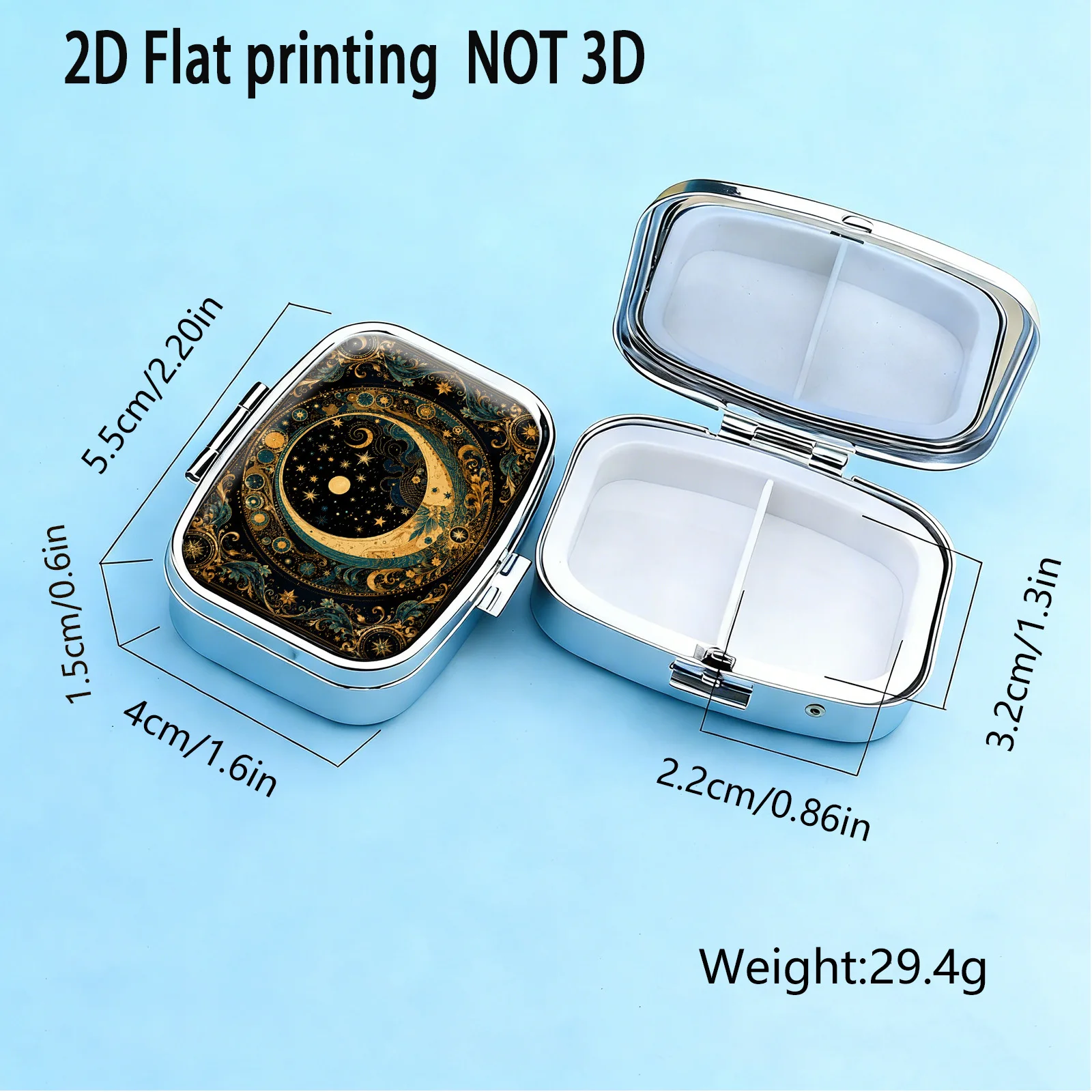 Vintage Gold-Plated Crescent Moon Star Trail Dark Luxury Pattern Design, Small Square Pill Organizer with Two Compartments, Portable Medicine Storage, Can Also Be Used as a Home Portable Organizer, Decorative Box, Perfect for Handbags, Wallets, and Travel, Metal Storage Box, Small Jewelry Organizer, Holiday Gifts, Souvenirs, Prizes, Small Gifts