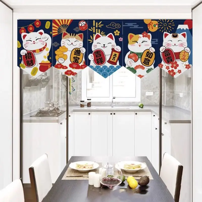 VIKAMA Japanese Style Fortune Cat Door Head Short Curtain Blackout Short Curtain Kitchen Entrance Triangular Door Lintel Curtain