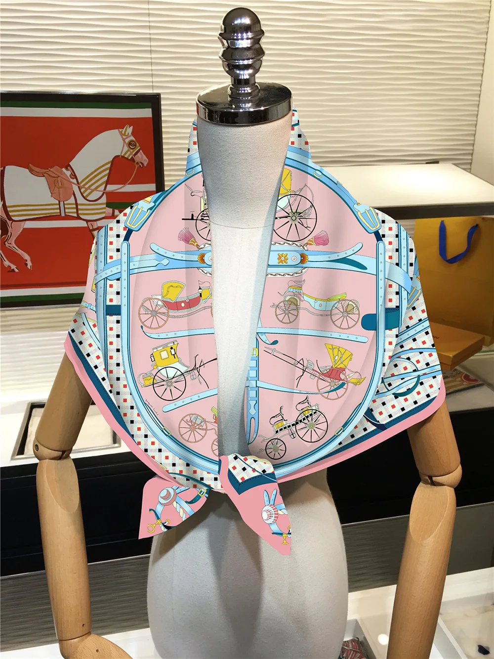 Luxury Brand Carriage Chain Square Scarf Women Twill Silk Scarves Wraps Beach Shawl Hijabs Large Foulards Neckerchief Headwear