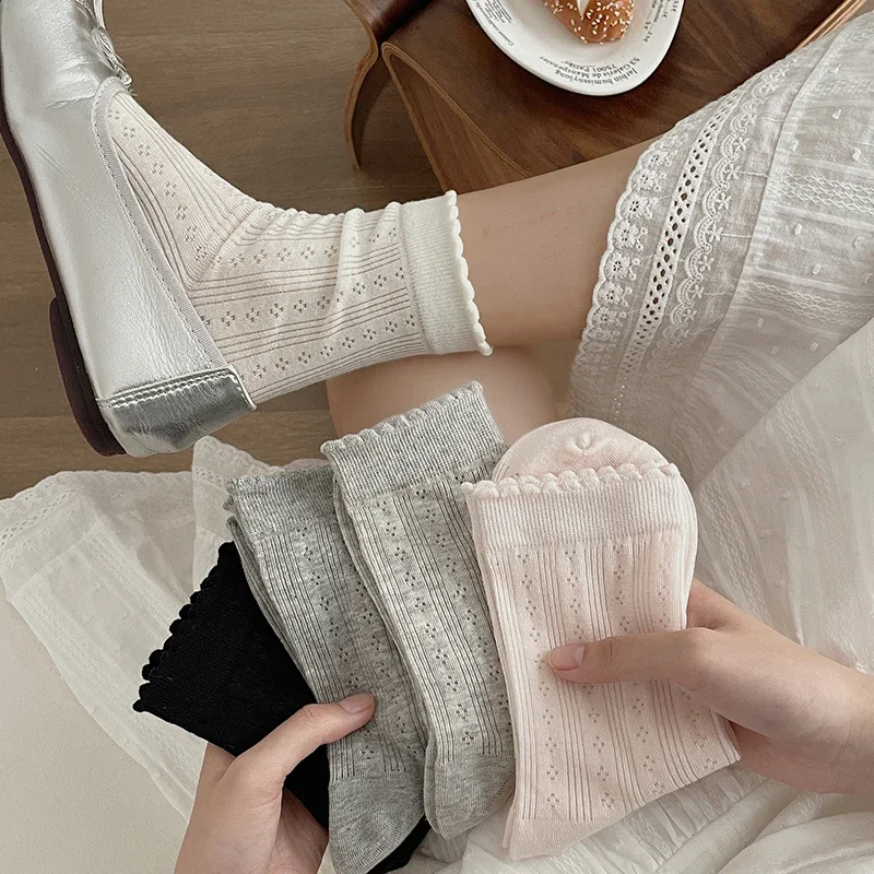 Mesh Socks For Women New Solid Color Hollow Out Thin Socks Ladies Casual Daily Korean Style Basic Absorb Sweat Plain Socks Comfy
