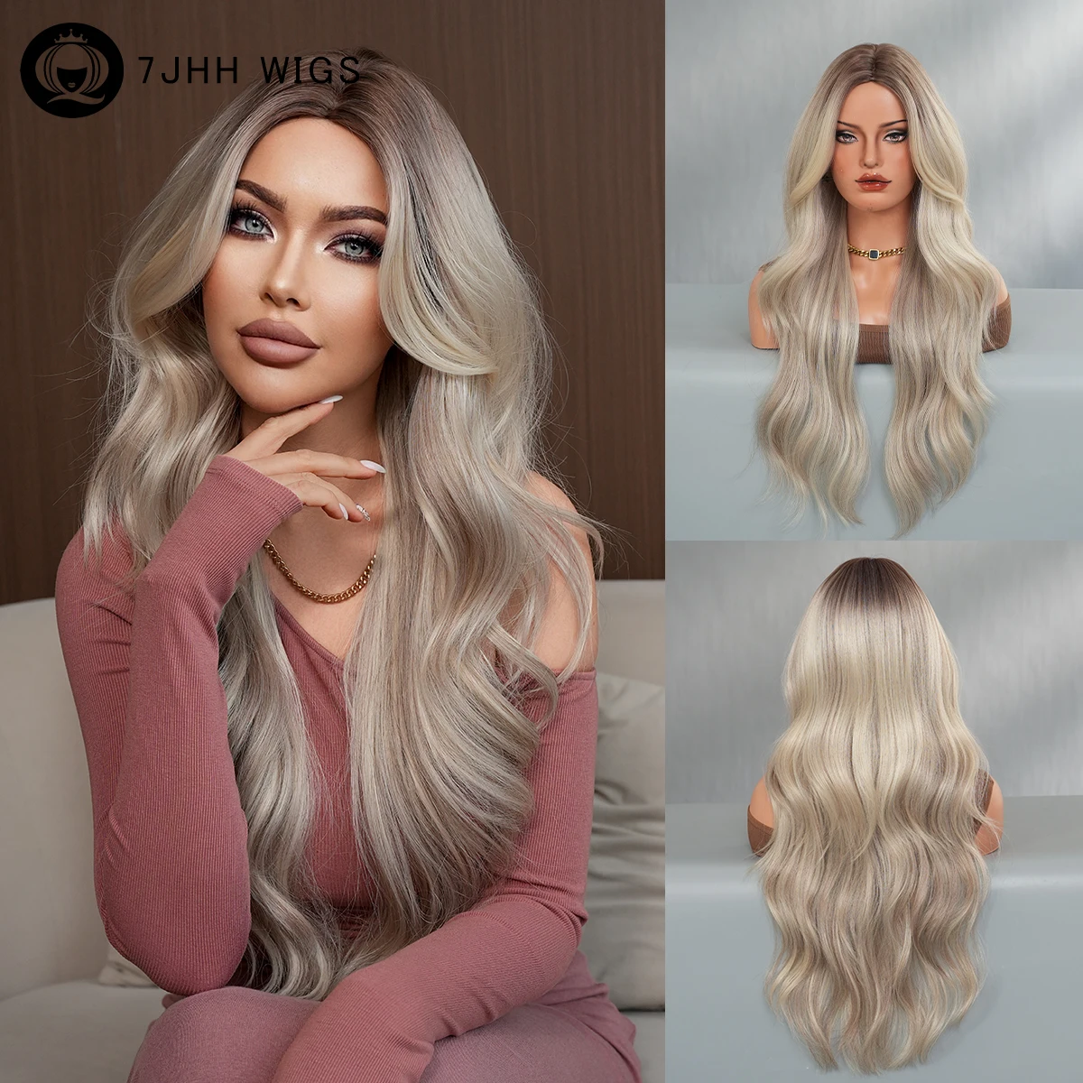 

7JHH WIGS Long Body Wave Ash Blonde Wig for Women Modest Fashion Synthetic Middle Part Wear and Go Wigs with Curtain Bangs
