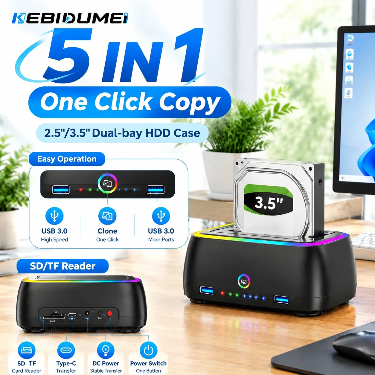 KEBIDUMEI 5 IN 1 Hard Drive Docking Station 2.5/3.5 Inch Dual-bay HDD Case USB3.0 One Click Offline Copy Hard Drive Enclosure