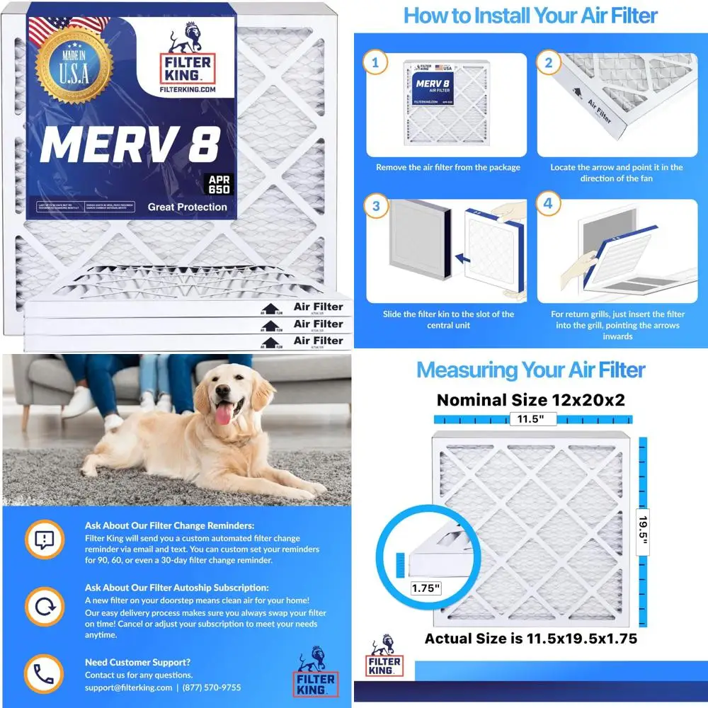 

12x20x2 MERV 8 плиссированных воздушных фильтров из 12 штук — фильтры для печи кондиционера HVAC, сделано в США, настоящий размер 11,5x19,5x1 дюймов