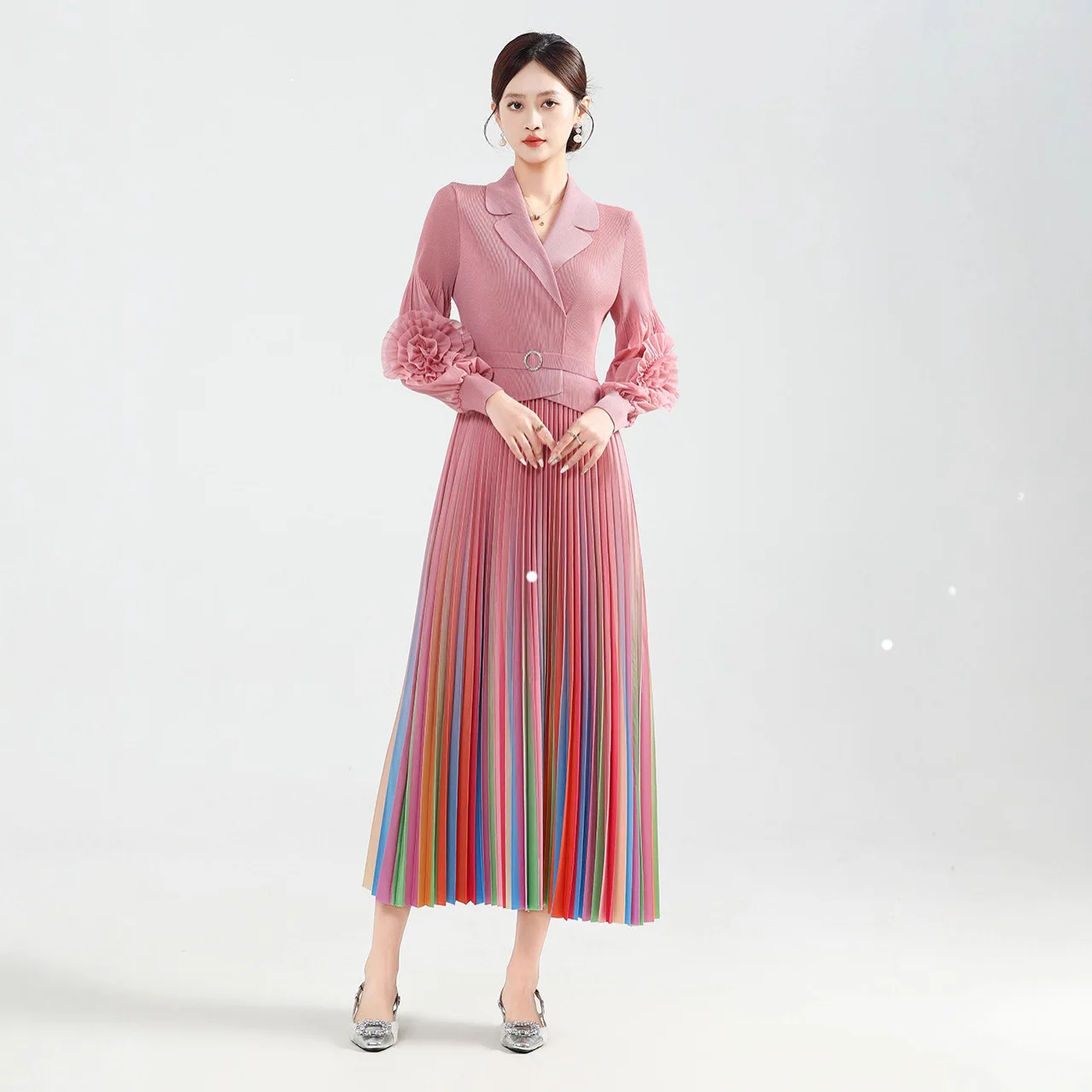 Miyake Fold New Loose Rainbow Gradual Change Dress Temperament Fashionable Versatile Medium and Long Women's Dress