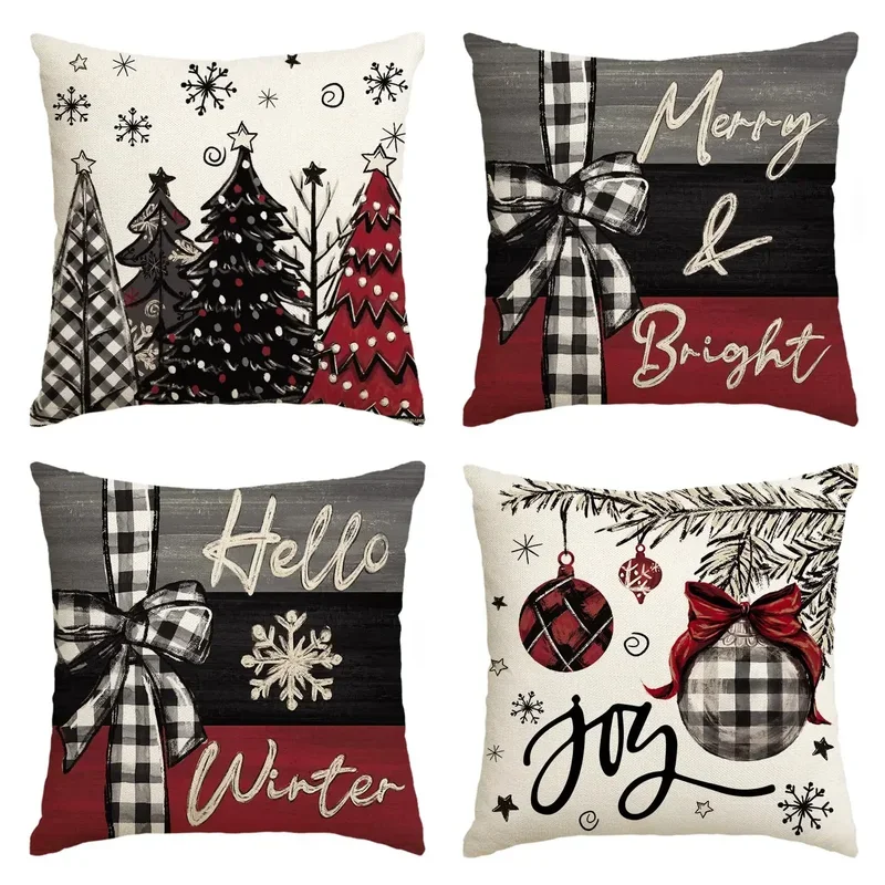 Merry Christmas Joy Xmas Throw Pillow Cover Farmhuose  Holiday House Cushion Case Decoration Sofa Couch Living Room Decor