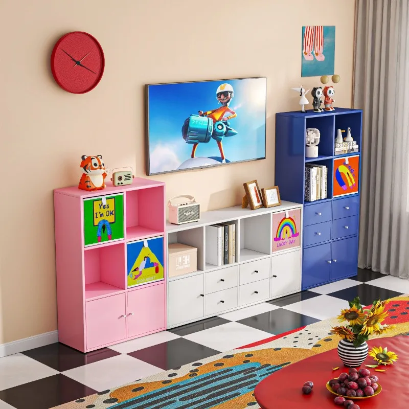 Color TV cabinet, dopamine lattice cabinet, free combination bookshelf wrought iron bookcase, storage small cabinet, low cabinet