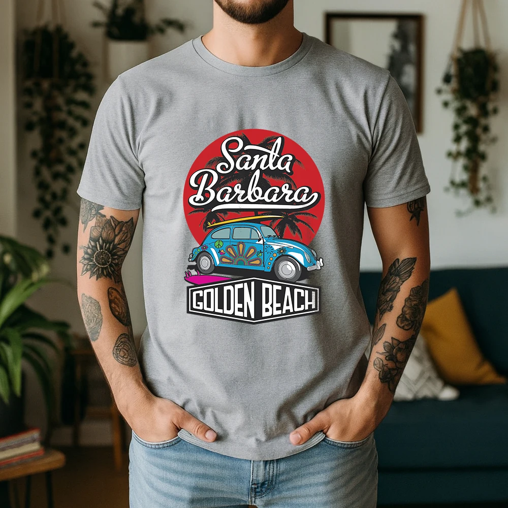 100% Cotton Santa Barbara Surf Vacation T-Shirt Retro Beetle Car Beach Style Oversized Breathable Casual Short Sleeve