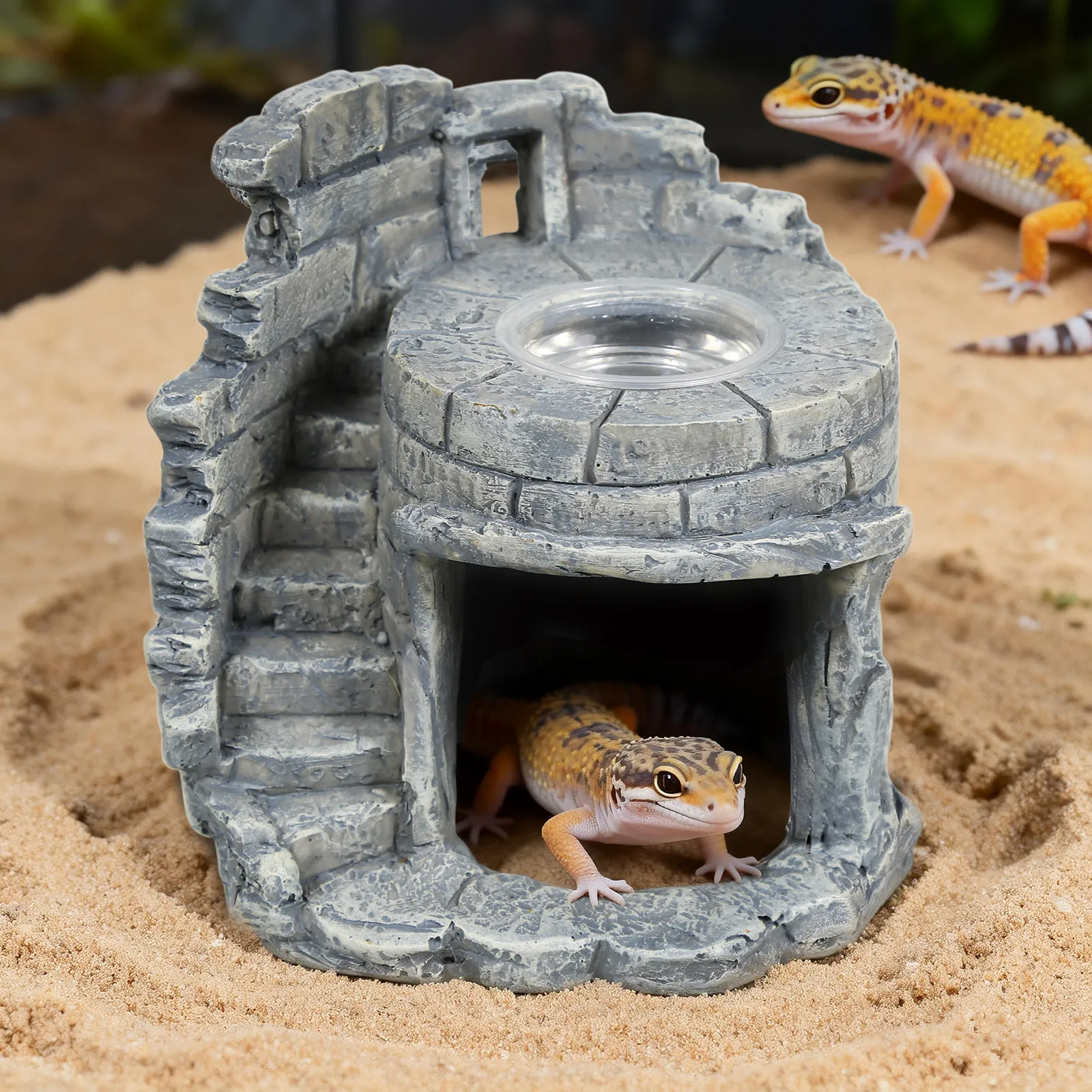 

Пещера для убежища для рептилий, декор для террариума, включает миску для кормления и лестницу, материал из смолы с архитектурным дизайном