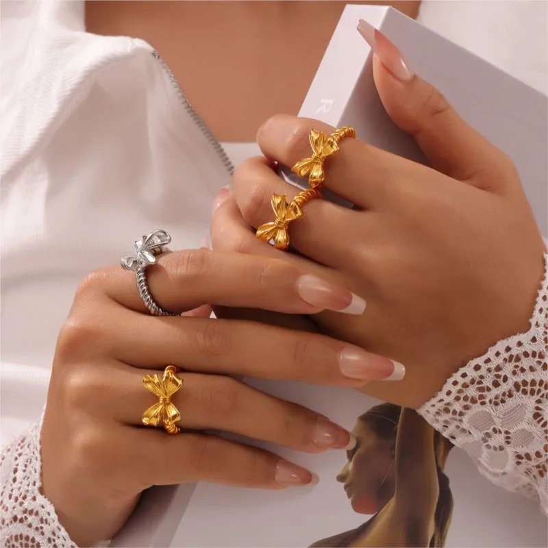 Stainless Steel Bowknot Rings For Women Gold Silver Color Waterproof Women\'s Twisted Ring Cute Girls Ring Luxury Woman Jewelry