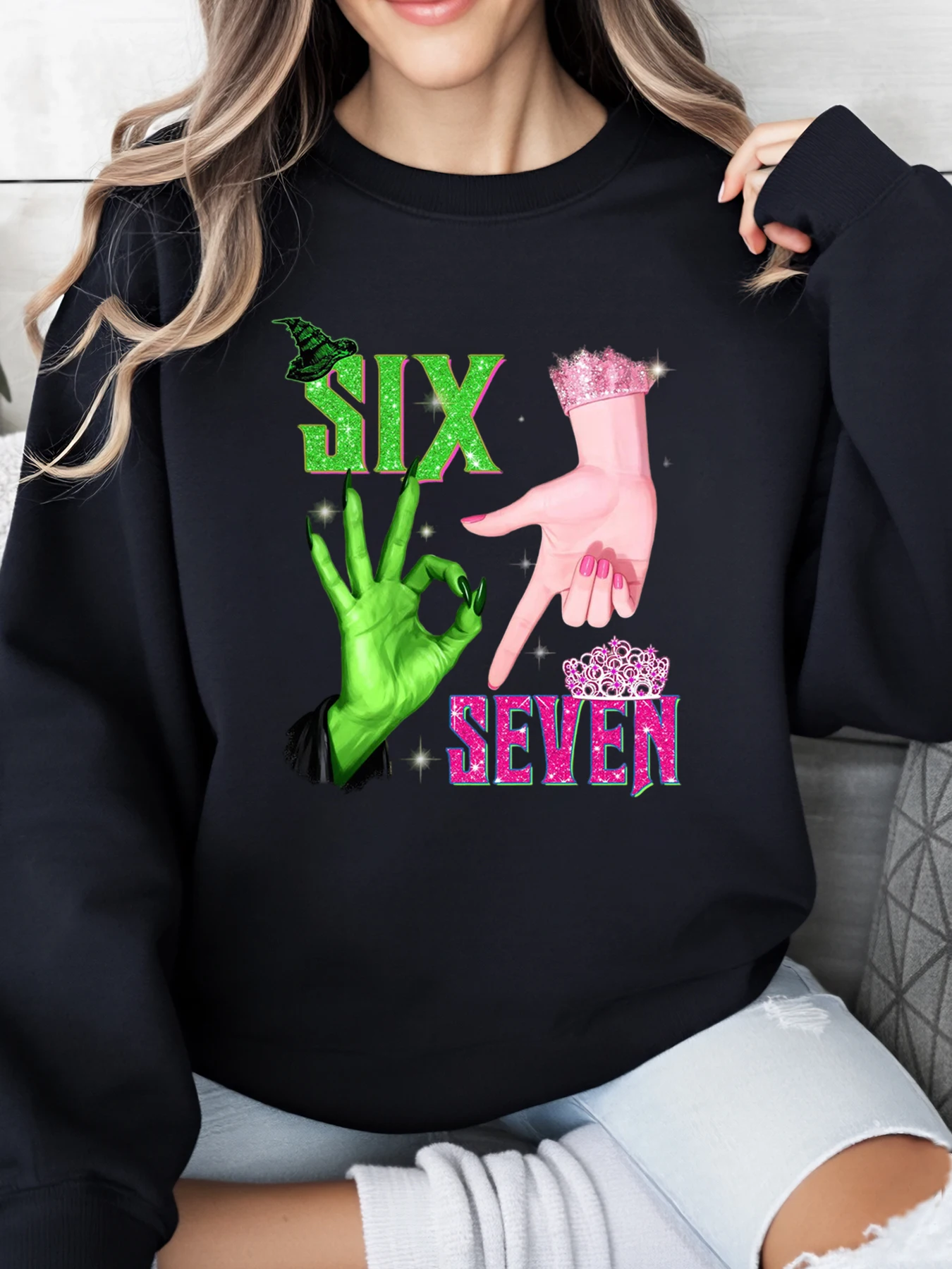 Six Seven Witch and Princess Hand Print Halloween Sweatshirt Damen Casual Party Wear Schwarz Plus-Size