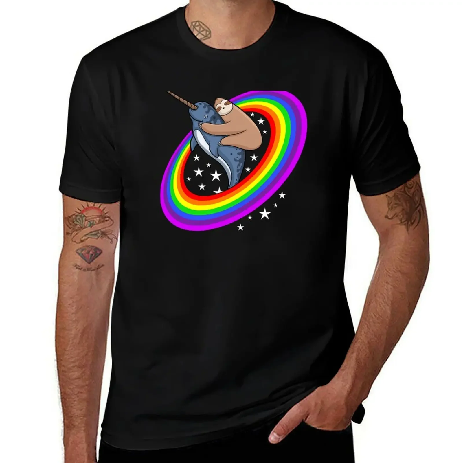 

Sloth Riding Narwhals Colorful Rainbow Funny T-Shirt quick-drying sports fans men workout shirt