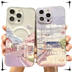 Japan Landscape Sakura Cherry Blossom Mountain With MagSafe Phone Case For iPhone 17 16 15 14 13 12 Pro Max Silicone Soft Cover
