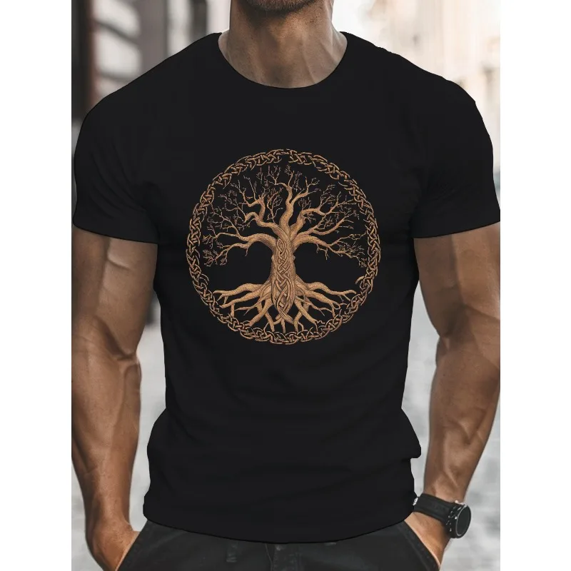 Summer men's casual short sleeved T-shirt with Celtic knot tree design